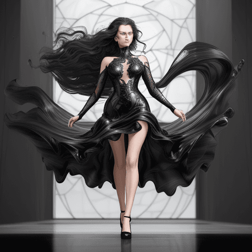 AI generated: gorgeous woman in a black rubber dress with winds-blown hair, a full body, in the style of fluid, gl...