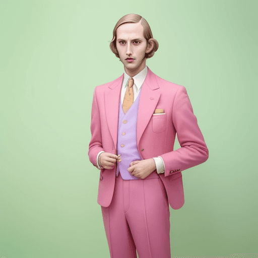 AI generated: Vogue style photo shoot of man as character Spok from the movie The Royal Tenenbaums pastel colored ...