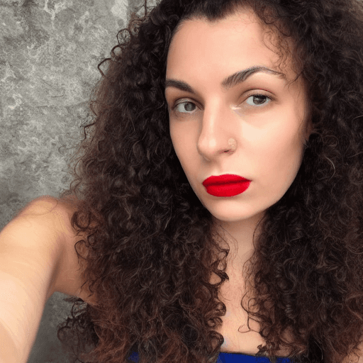 AI generated: A woman with a long curly brown hair, olive skin tone, brown eyes, red lips, wearing a navy blue dre...