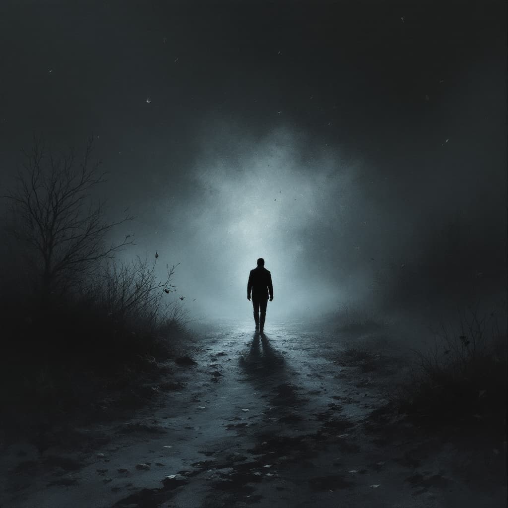 AI generated: Artistic illustration of a shadowy winter night, December chill, lone figure (man) walking into dens...