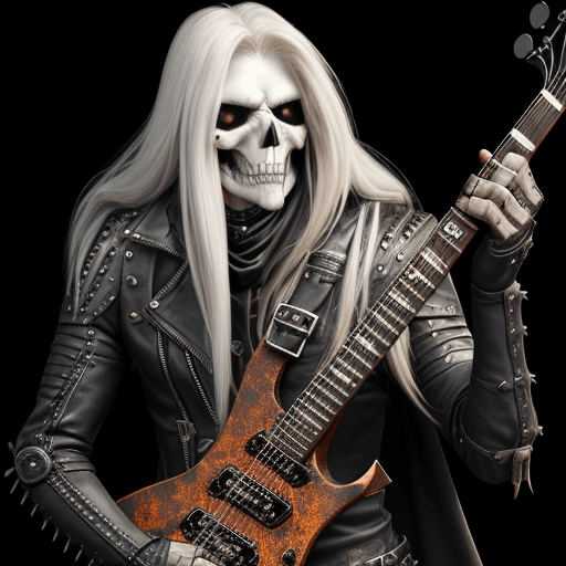 AI generated: Portrait of a Metal Guitar:4 hero skelton face with leather clothes and very long hairs