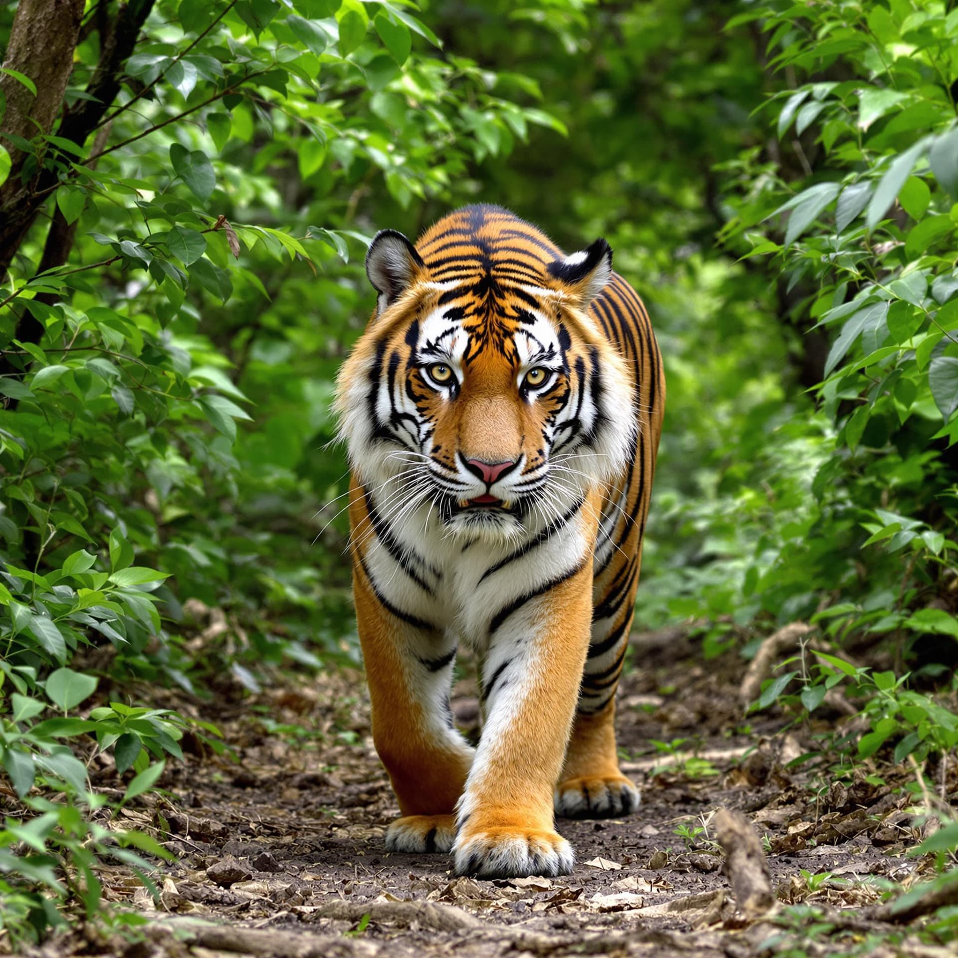 AI generated: hyper realistic photo of a Sumatran tiger walking in the jungle, the tiger is walking towards the ca...