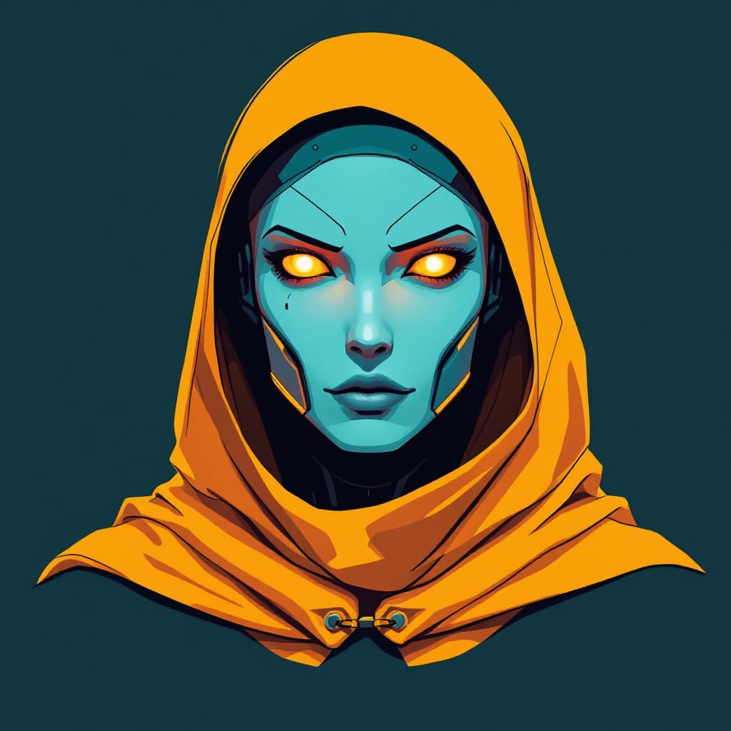 AI generated: digital portrait of a high-technology robot in yellow cape, gaze, front view, drawn in bold shades o...