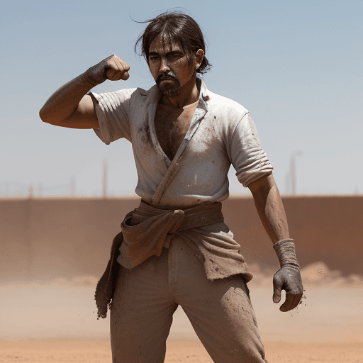 AI generated: a rebel hombre calo con perilla larga blanca standing in a fighting pose covered in dirt with a runn...