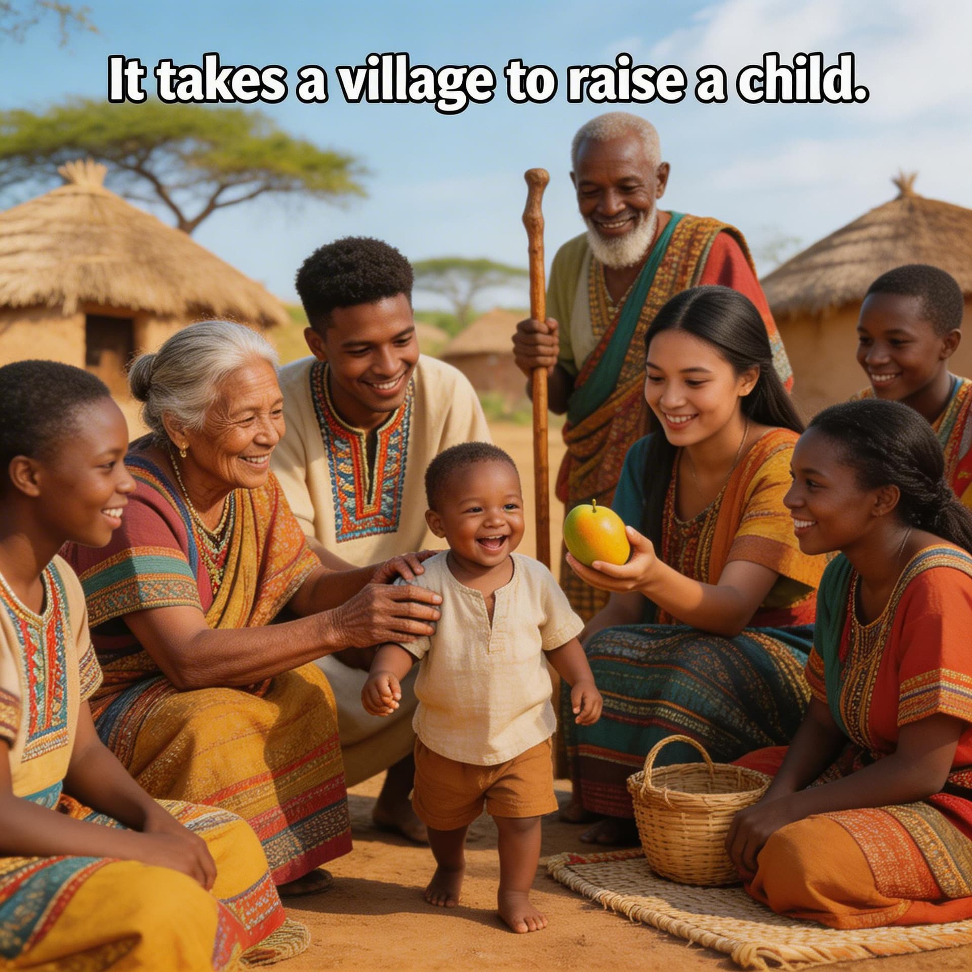AI generated: image based on African Proverb with the text 'It takes a village to raise a child.'
