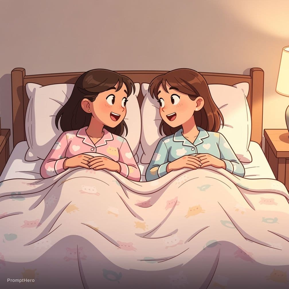 AI generated: Same characters, same cartoon style, same colors temperature, Two girls laying beside in bed, naked ...