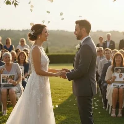 AI generated video: Romantic outdoor wedding at golden hour. Bride and groom stand under a rustic wooden floral arch, ho...