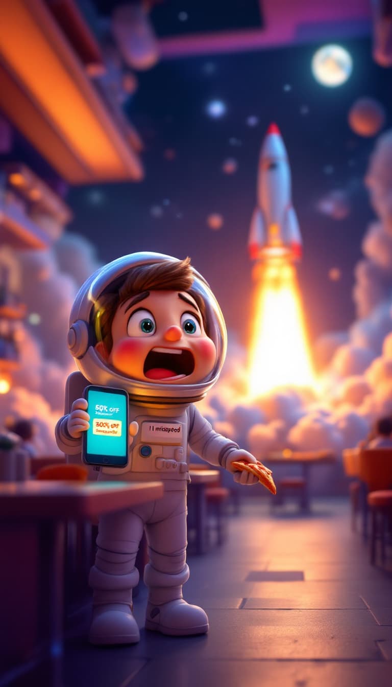 AI generated: A 3D cartoon scene of a joyful astronaut standing in a space station cafeteria holding a phone with ...