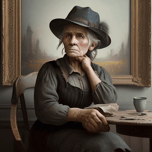 AI generated: a portrait of an old girl coal miner in 19th century, sitting on a chair, wide legs, beautiful paint...