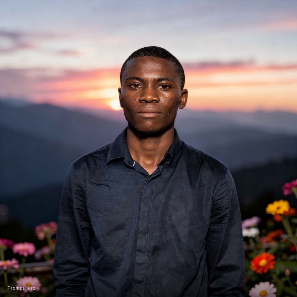AI generated: A beautiful sunset over mountain, smoother face and flower behind...