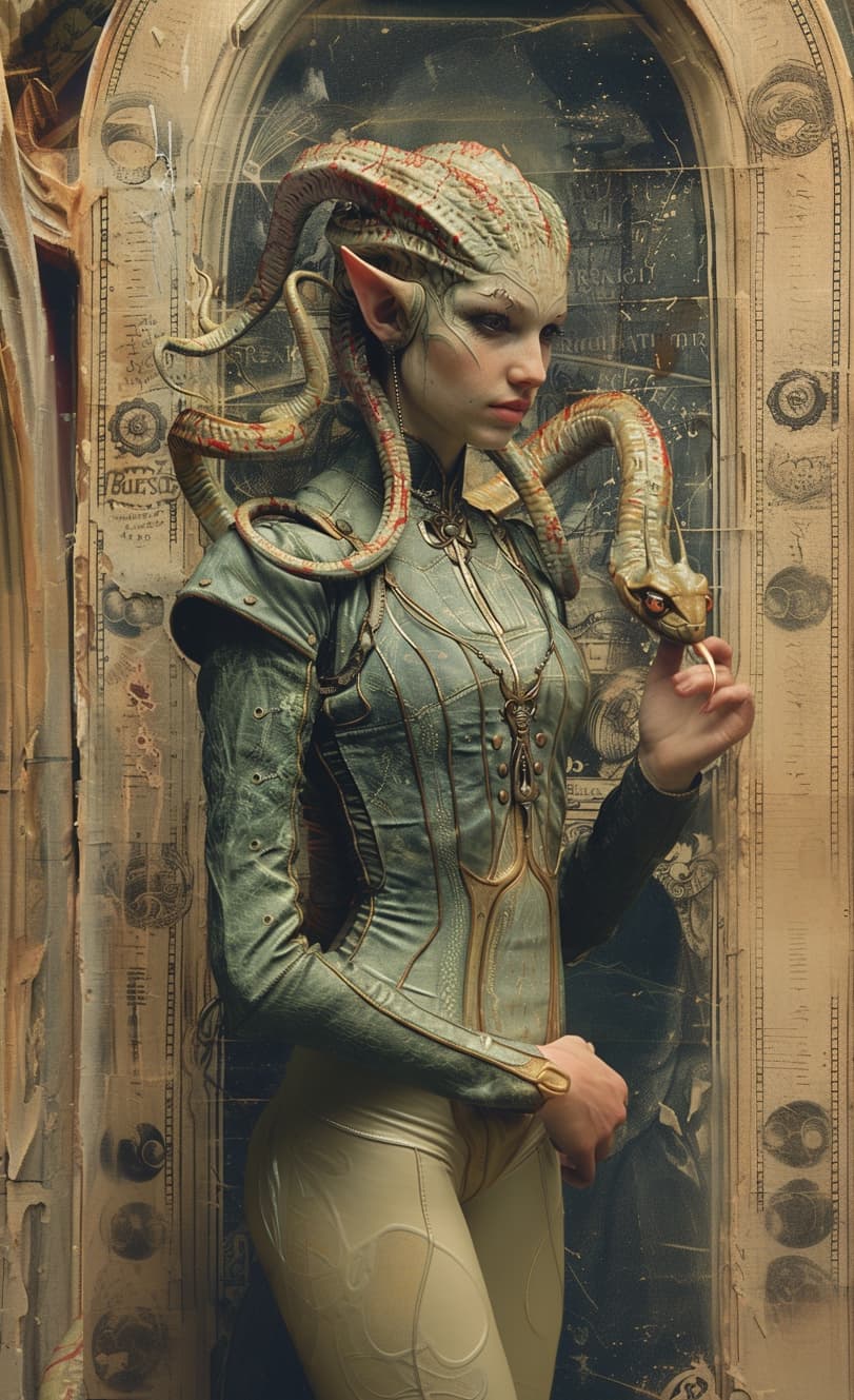 AI generated: some kind of painting of an alien woman holding a horned snake, in the style of altered books, syste...