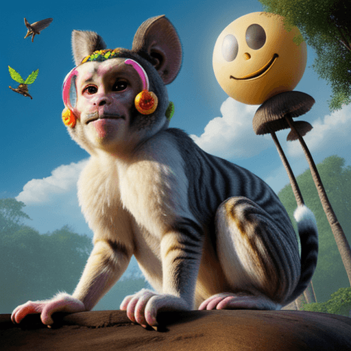 AI generated: cars, mushrooms, marijuana, trees, smiley face sun, slightly cloudy, monkeys, colorful birds, rabbit...