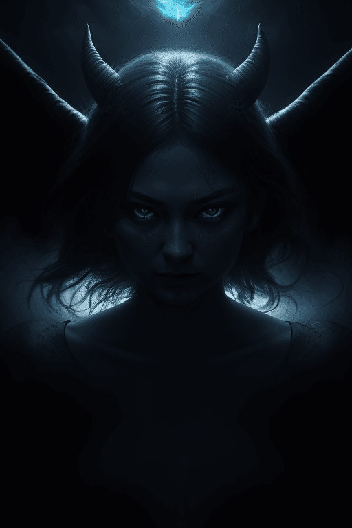 AI generated: luna maya, ((incorporeal)) devil, surrounded by glowing fog, black backdrop background, dynamic port...