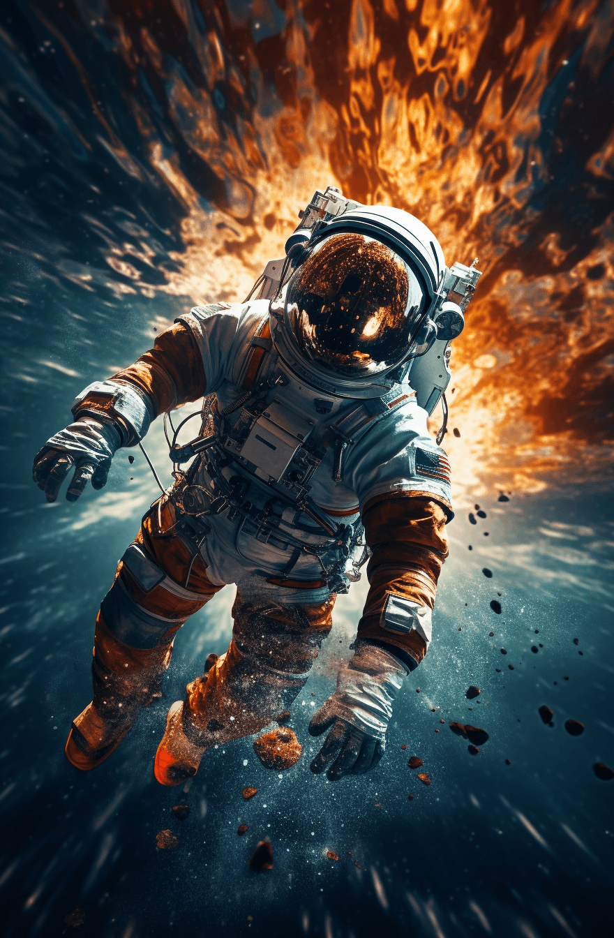 AI generated: An astronaut floating in space, Earth in the background, stars scattered, space debris, reflections ...