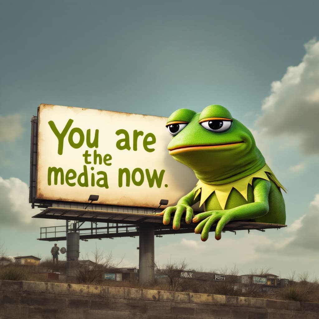AI generated: pepe the frog with a billboard that says "You are the media now"