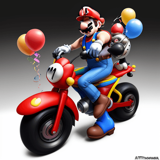 AI generated: Super Mario, without mustache and hat, happily emerging from a birthday cake thanks to his colorful ...