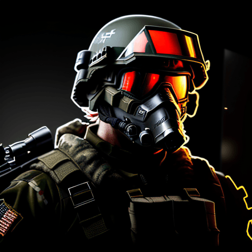 AI generated: male wolf soldier, wearing metal spec ops loadout and red NVG scopes on face, black military helmet,...