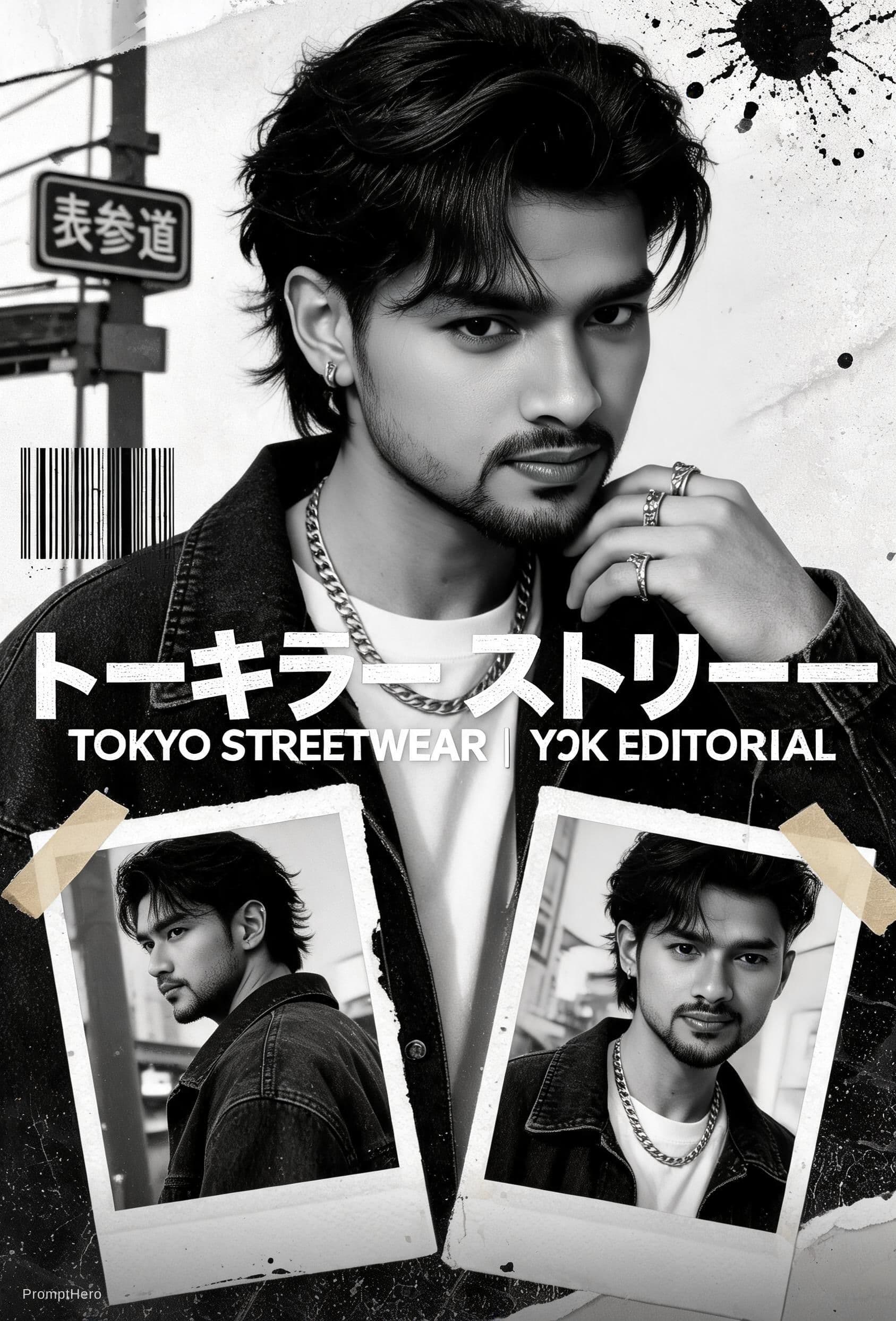 AI generated: Buat poster kolase editorial streetwear Jepang bergaya Y2K yang bold dengan estetika majalah fashion...