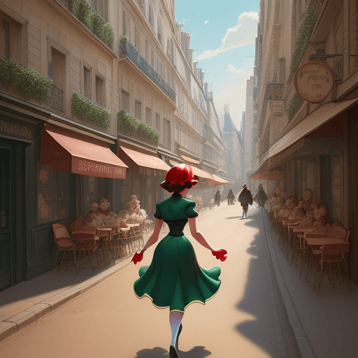 AI generated: an illustration of a girl walking down a street, in the style of disney animation, pre-world war ii ...