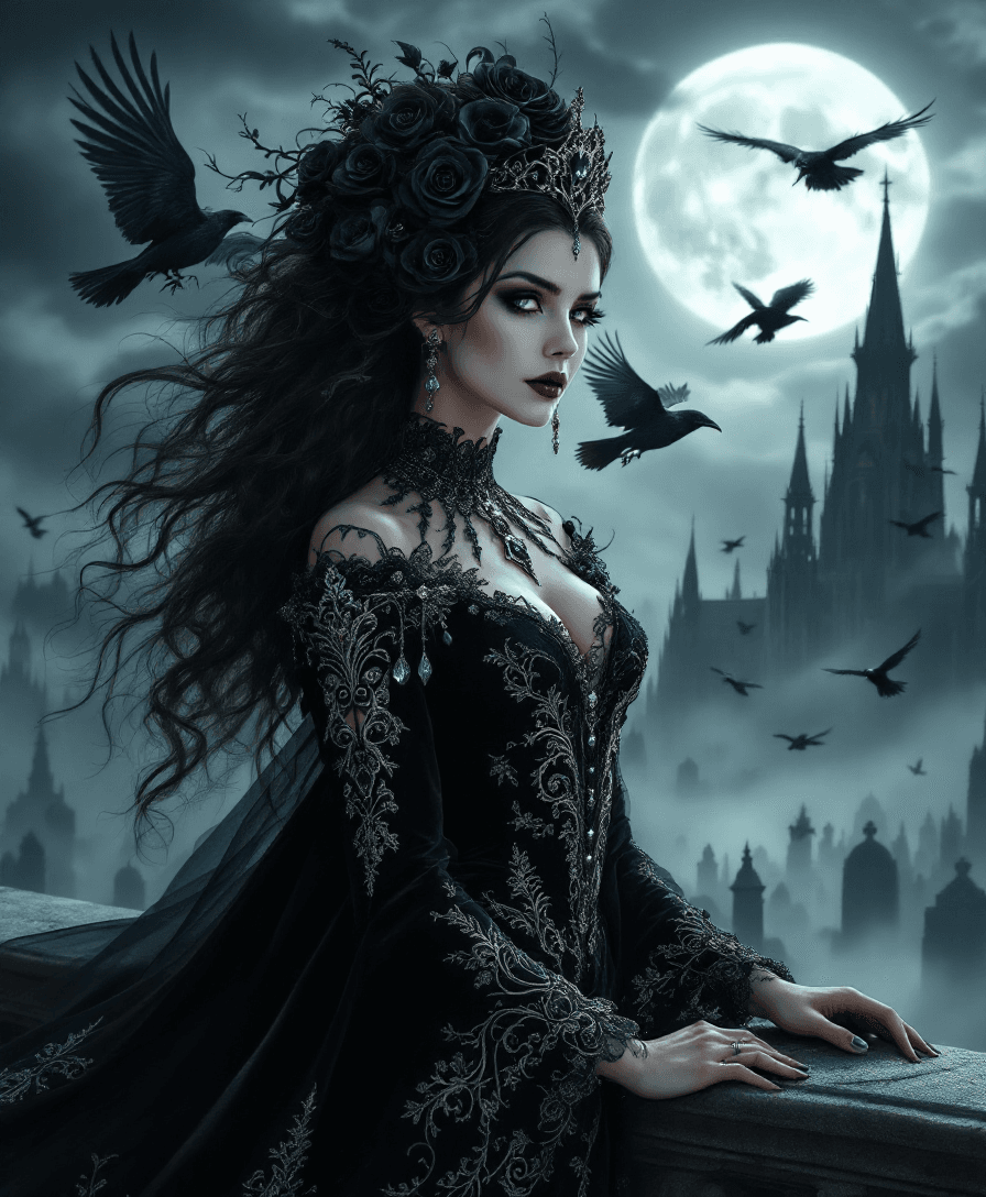 AI generated: A majestic Gothic queen stands atop a stone balcony overlooking a foggy, moonlit graveyard. She wear...