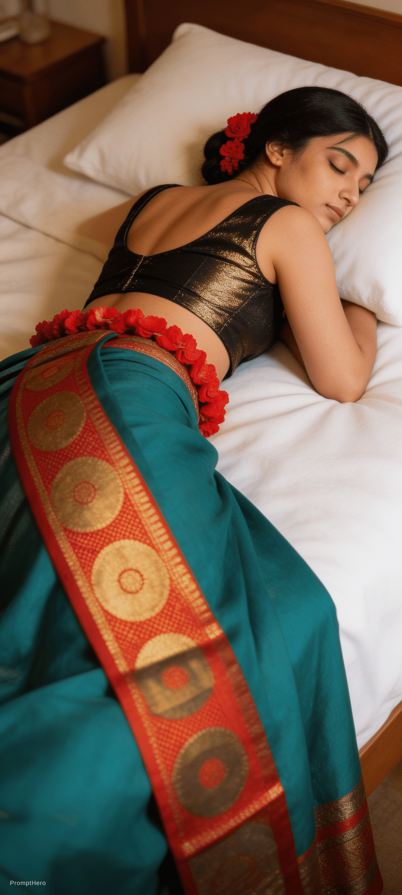 AI generated: Generate the ultra high realistic image as this Pakistani girl Munazza is sleeping face lying down o...