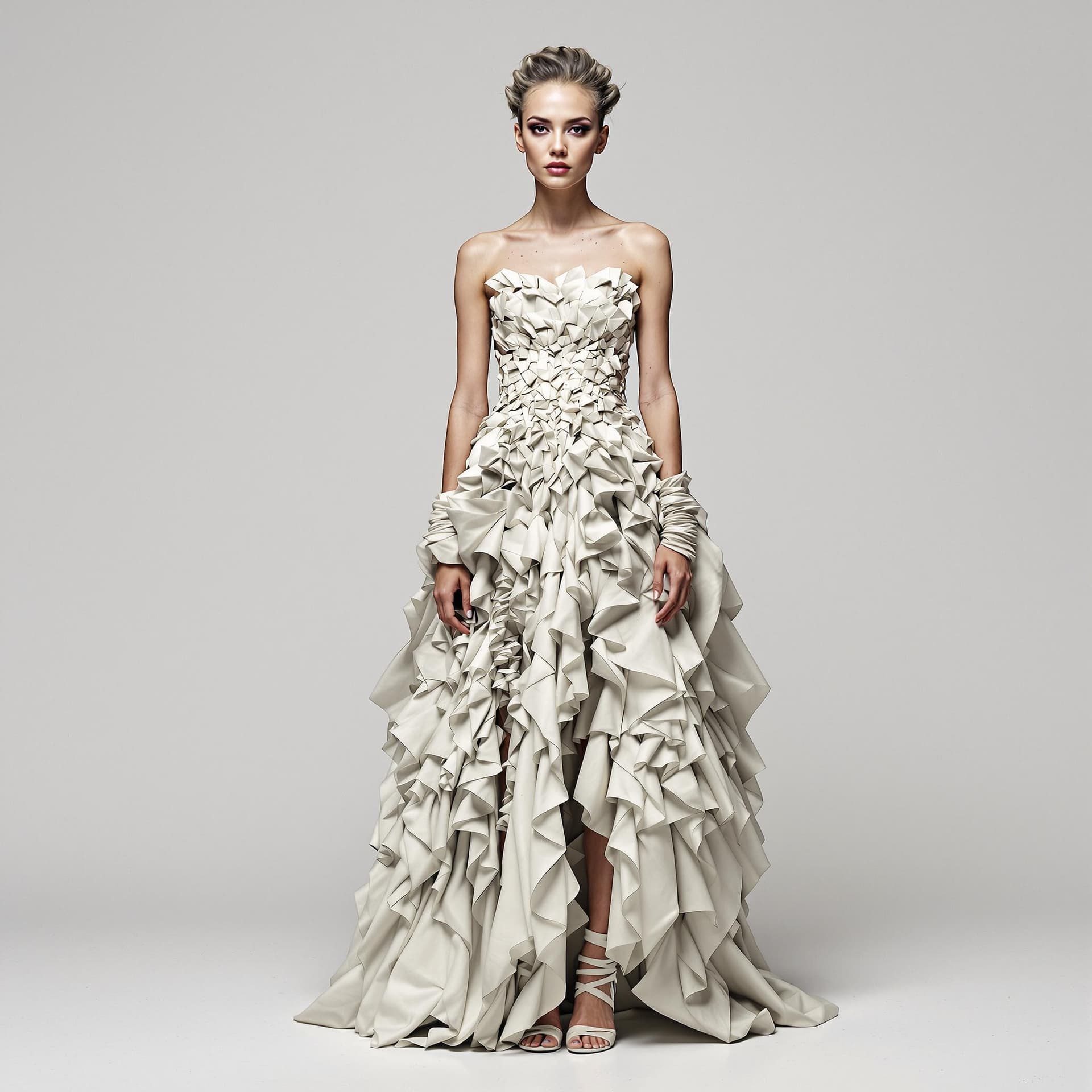 AI generated: high fashion portrait of a woman with rough skin, wearing a dress made from light fabric in the styl...