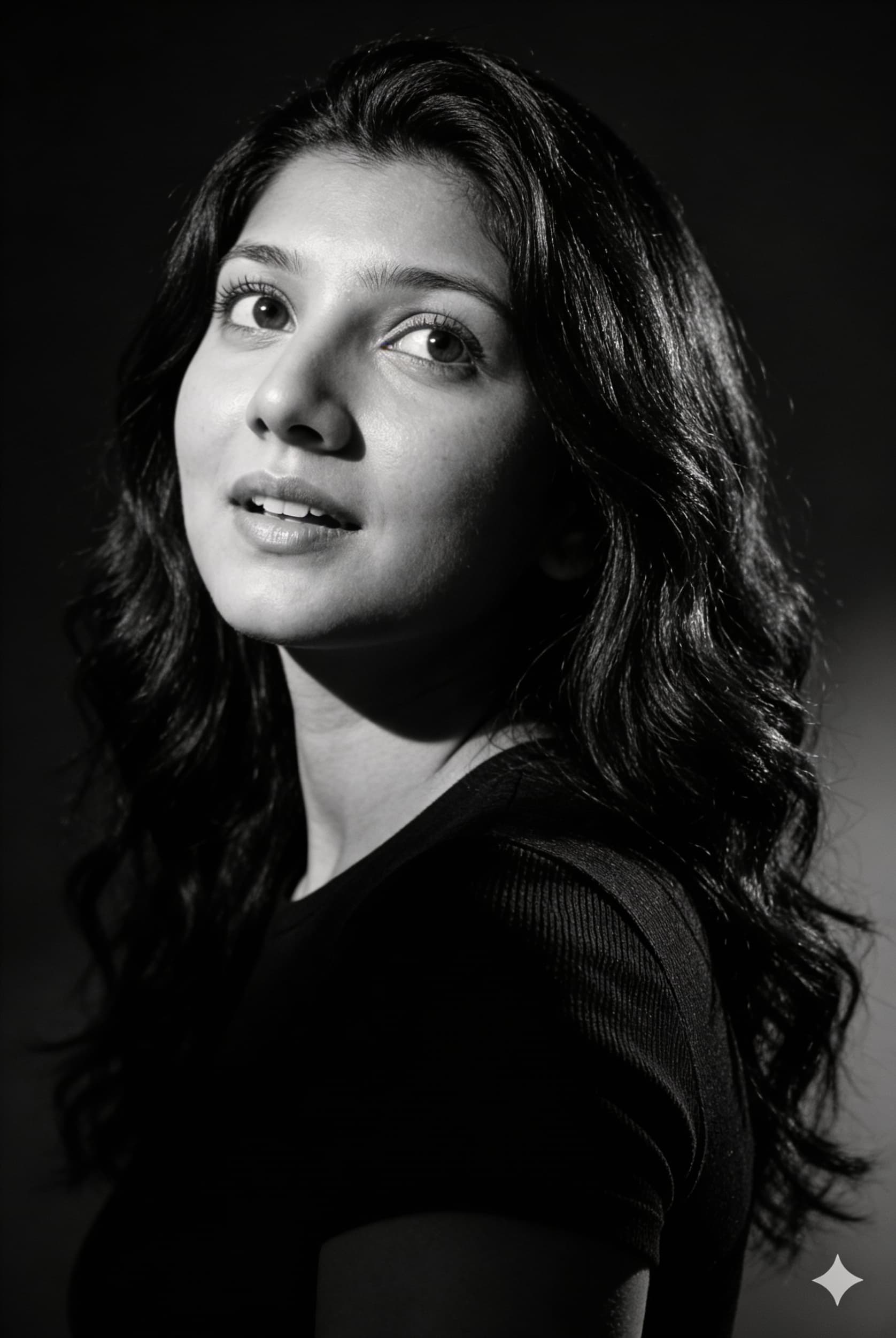 AI generated: Portrait of Ria with long,wavy hair,looking up and to the side.Black and white with strong chiaroscu...