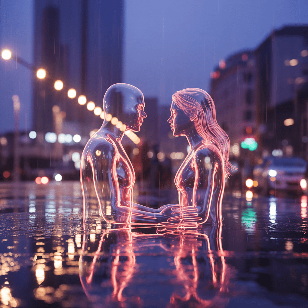 AI generated: Dreamlike urban scene at night: two translucent human silhouettes made of shimmering neon light, fac...