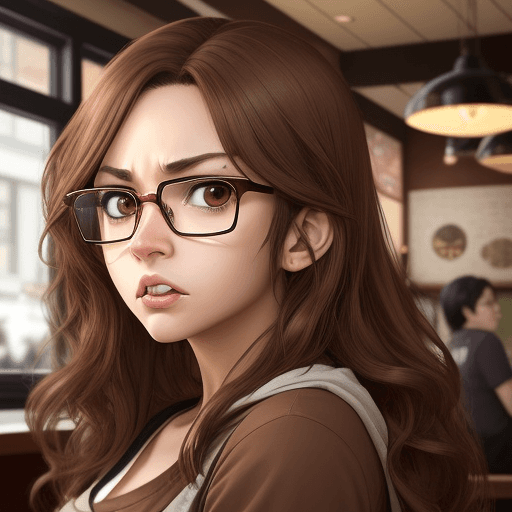 AI generated: An anime fierce female with expressions of confusion, in a coffee shop, with wavy brown hair, brown ...