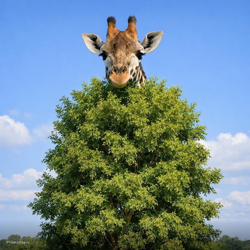 AI generated: A giraffes head over the top of a tall tree
