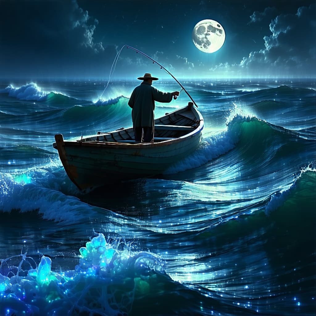 AI generated: A solitary fisherman, aboard a weathered wooden boat, casts his line into a phosphorescent ocean of ...