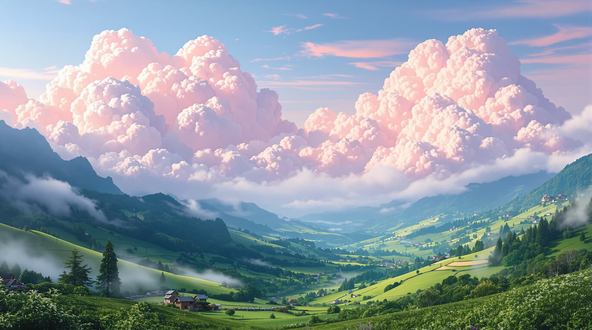 AI generated: A breathtaking surrealism valley landscape, where white clouds graduate into soft hues, greets the v...