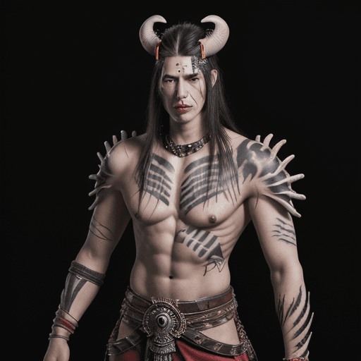 AI generated: Anime, Tribal King, Male, White Skin, Red Eyes, Long Hair, Muscular, Tribal Animal Tattoos, Scars, E...