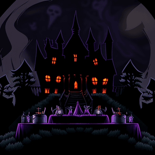 AI generated: Cartoon of a haunted mansion on a hill with ghosts having a party, werewolves Djing, and vampires se...