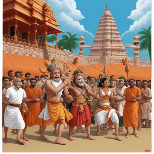 AI generated: make a caricature of modi pulling lord rama to the temple and the rama is confused 