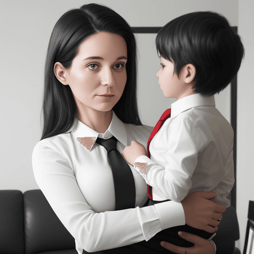 AI generated: The photo shows a 35-40 year old mom in a suit and tie standing with her child in her apartment. The...