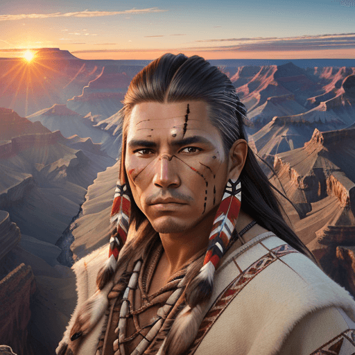 AI generated: handsome native american man,warior, perfect symmetrical face, wild west environment, Montana landsc...