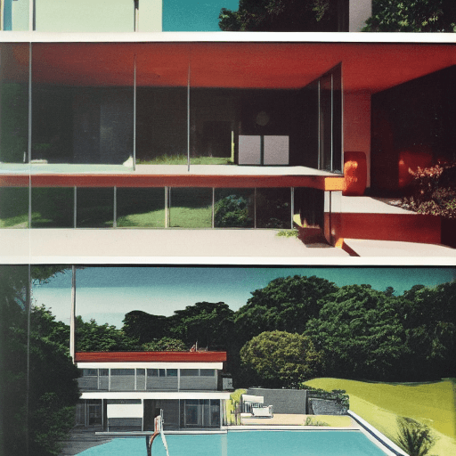 AI generated: Hyper realistic eye level exterior photo of a mid century modern style house overlooking the ocean, ...