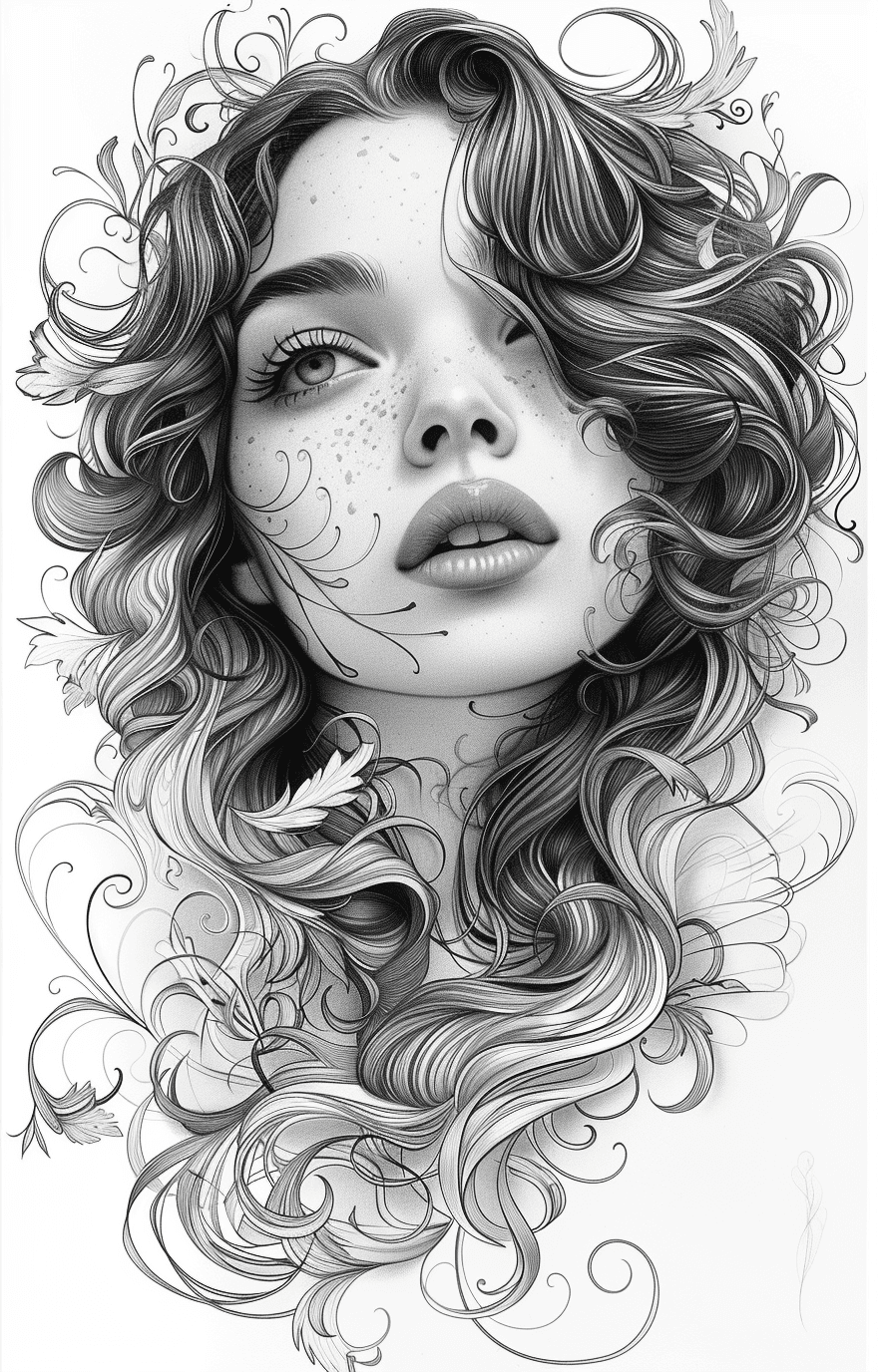 AI generated: black and white illustration in the form of a woman with flowing hair, in the style of martine johan...