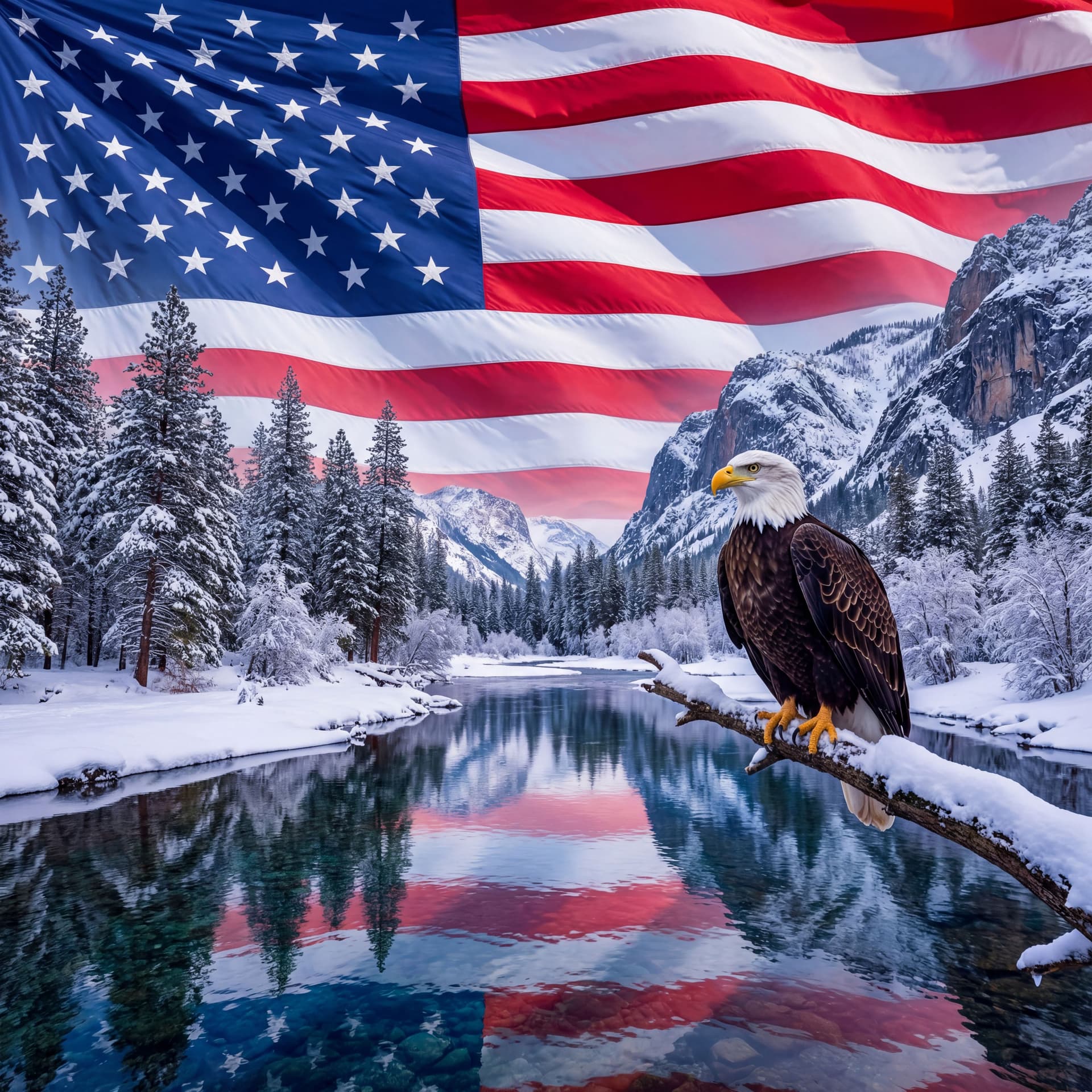 AI generated: A realistic, wide angle photograph of a bald eagle perched on a tree branch above a mountain river v...