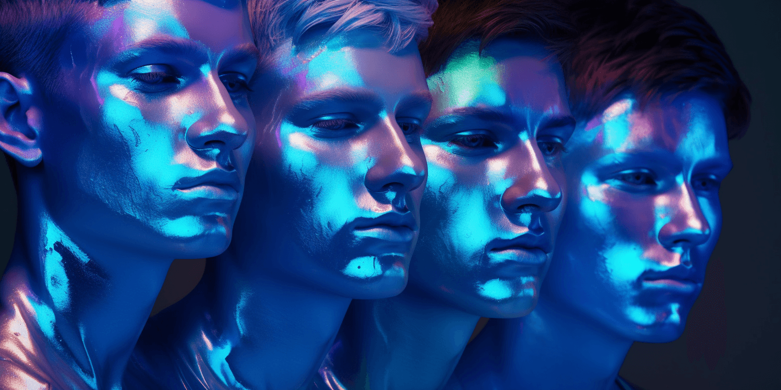 AI generated: group of mens faces, colourful eyeshadow, blue lipstick , doused with melting, dripping, clear butte...