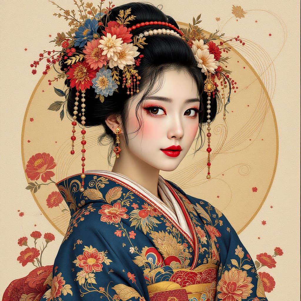 AI generated: A Japanese woman wearing traditional Japanese attire, specifically a kimono. The kimono is adorned w...