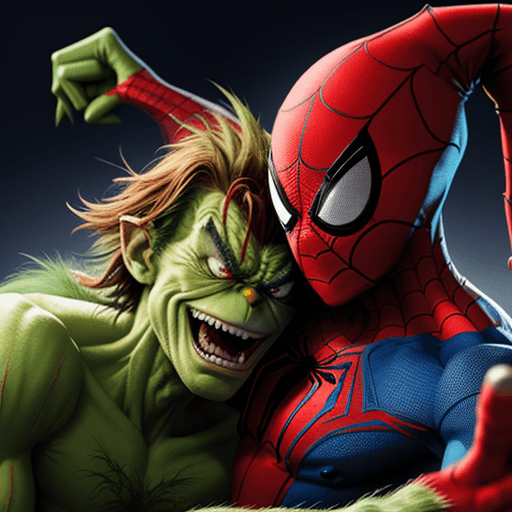 AI generated: THE GRINCH IN A red and blue SPIDER-MAN COSTUME fights the green goblin 