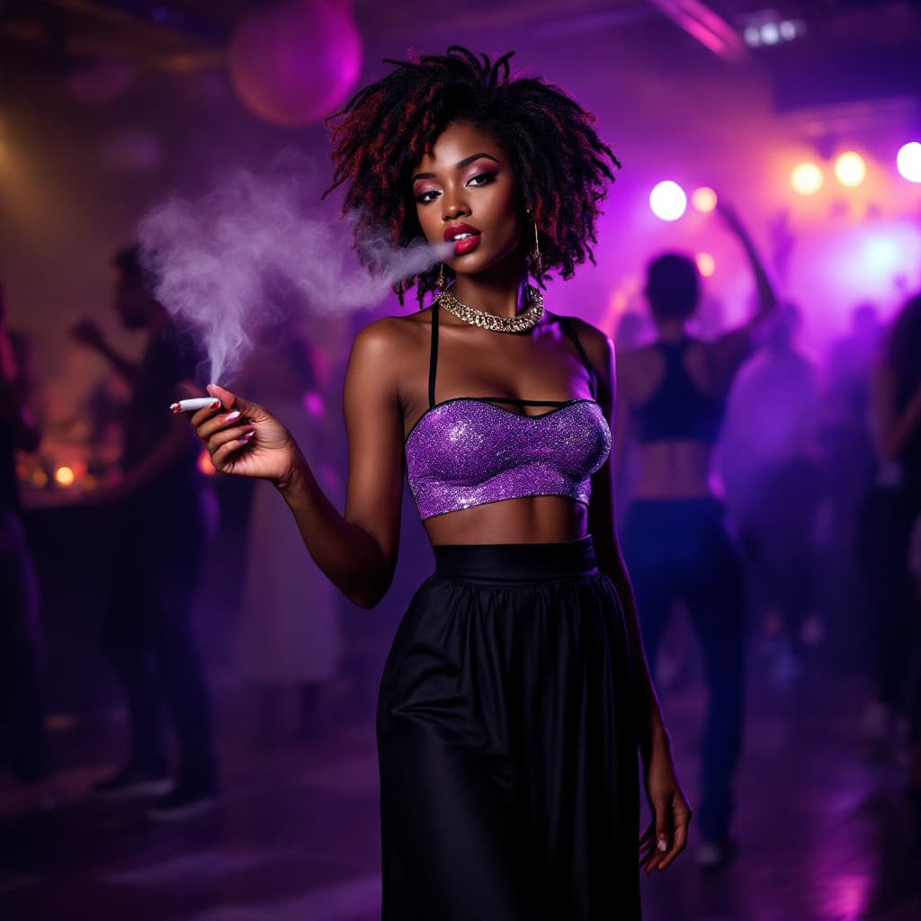 AI generated: An African American woman dress with a black maxi skirt with a purple and silver fitted top. Her hai...