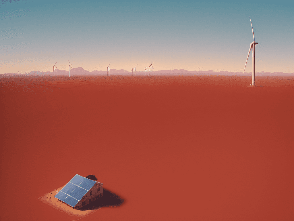 AI generated: High resolution photo, solar panels, desert, wind turbines, houses, red sun, light blue sky, low ang...