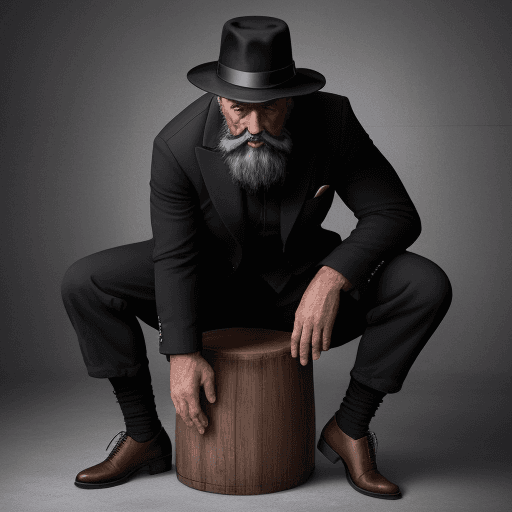 AI generated: Un vieux homme noir barbu vêtu d'un chapeau noir, d'un pantalon noir, d'un manteau en cuivre marron ...