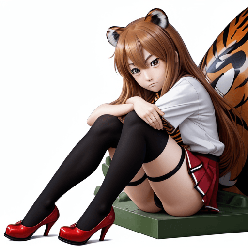 AI generated: masterpiece, taiga aisaka, smug, cute face, anime, anime face, sit on tank, hold, hug, red school un...