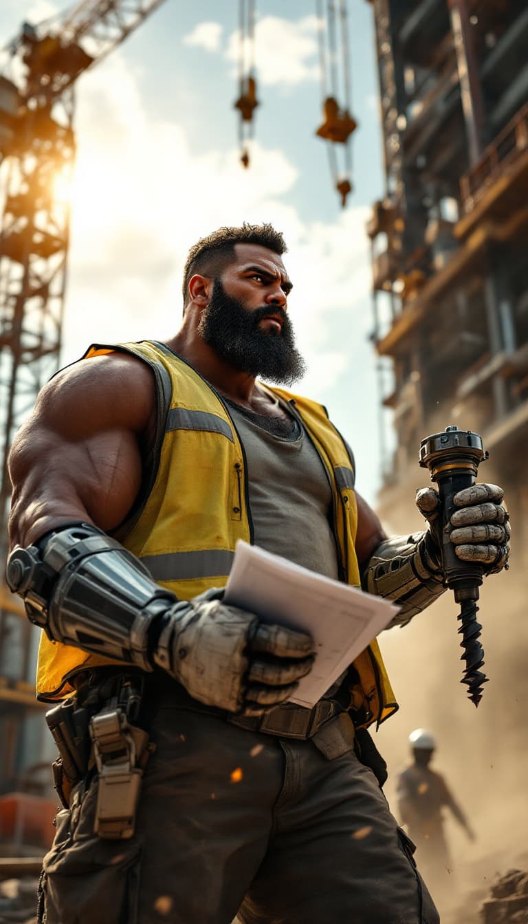 AI generated: A photorealistic candid shot of a towering, muscular man with dark skin, a thick beard, and an inten...