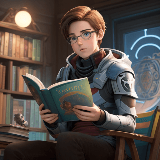 AI generated: photo of a young adult destiny guardian reading a book, disney pixar