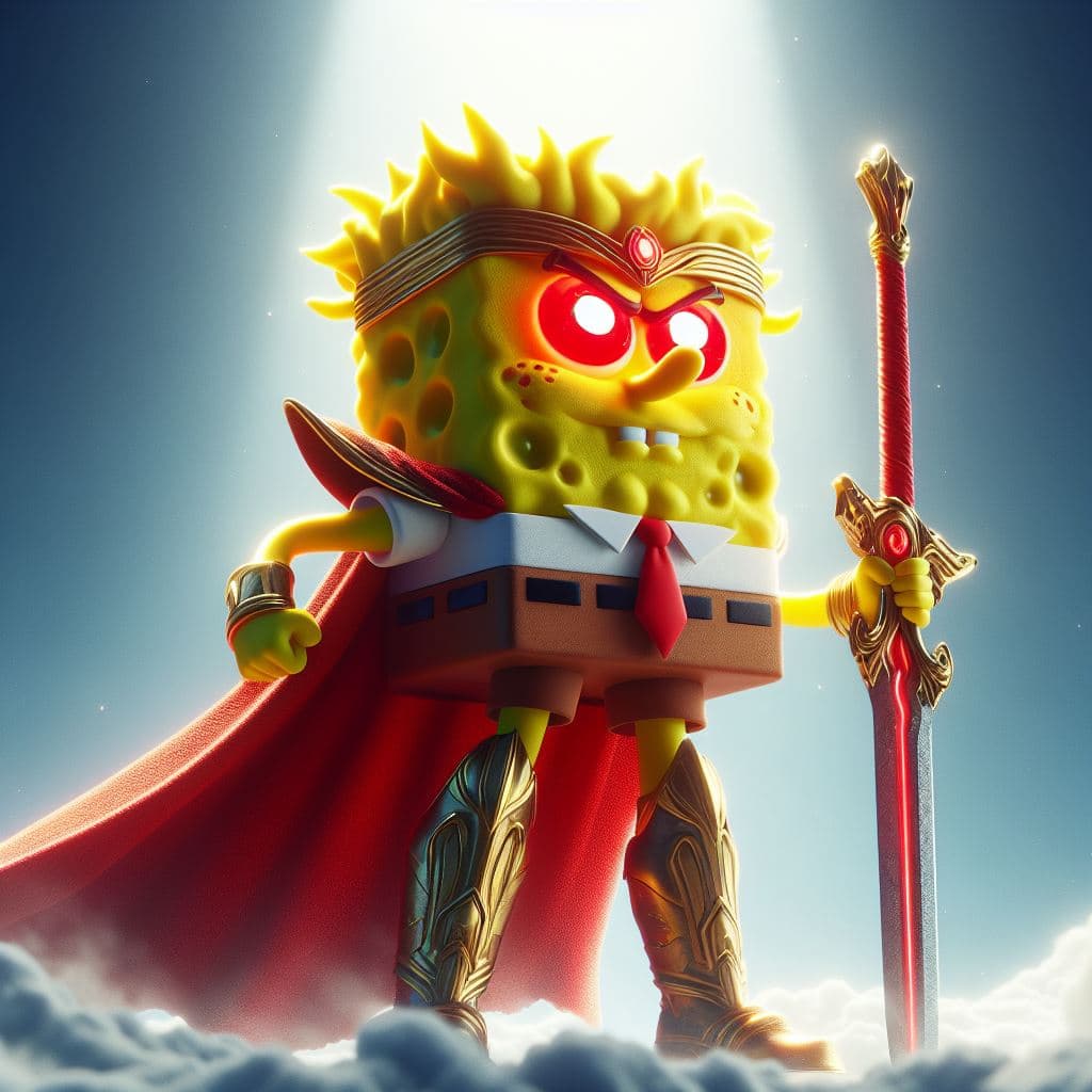 AI generated: Spongebob is the mightiest god with a sword, red eyes, heroic pose action, divine and celestial ligh...
